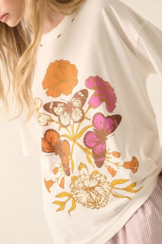 Distressed Graphic Print Oversized Boyfriend Tee - Butterfly - 2