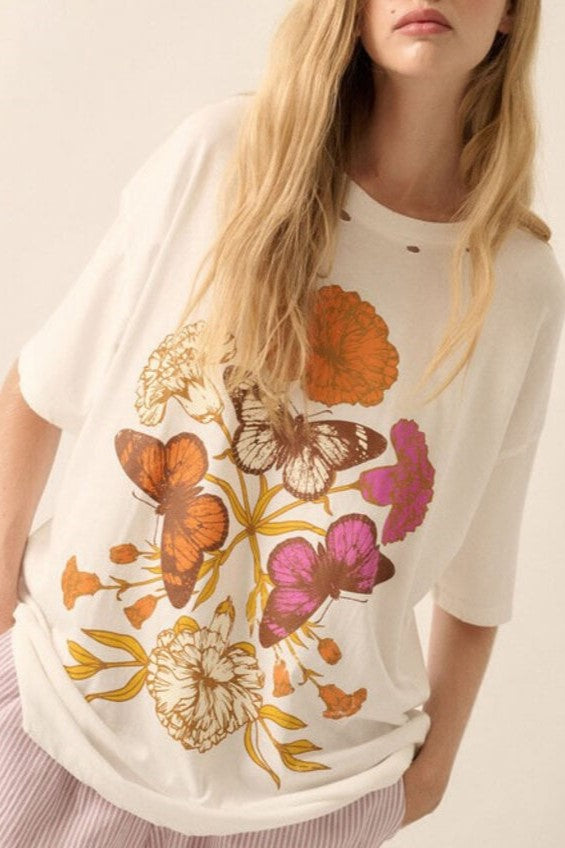 Distressed Graphic Print Oversized Boyfriend Tee - Butterfly - 3