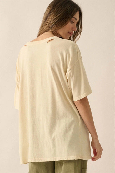 Distressed Graphic Print Oversized Boyfriend Tee - Butterfly - 4