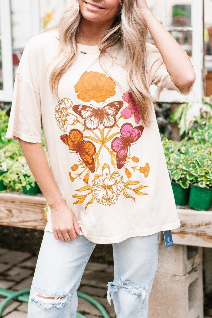 Distressed Graphic Print Oversized Boyfriend Tee - Butterfly - 5