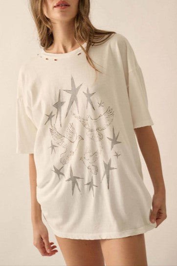 Distressed Graphic Print Oversized Boyfriend Tee - Pigeon