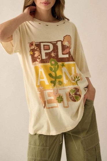 Distressed Graphic Print Oversized Boyfriend Tee - letters