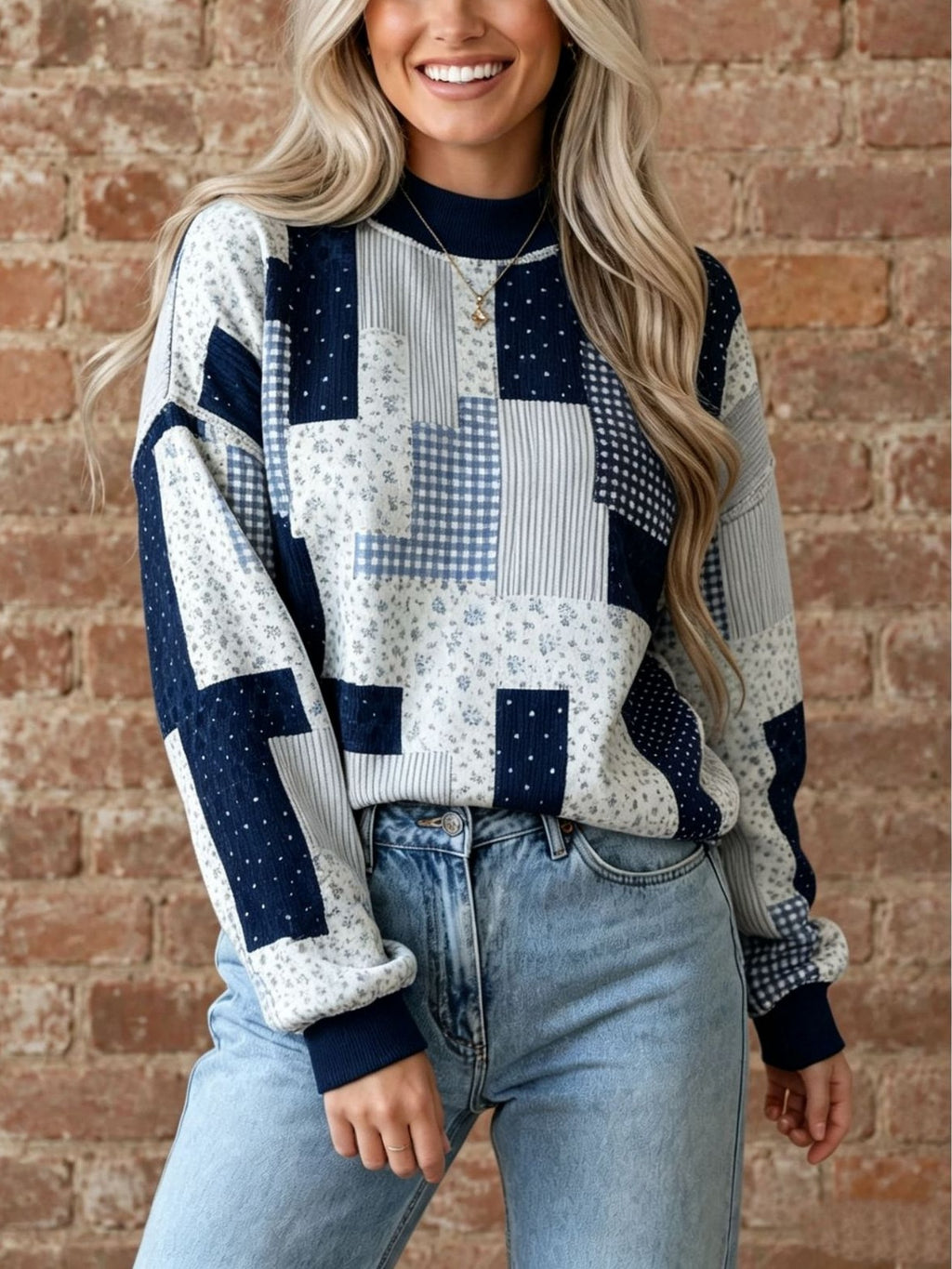 Floral Gingham Patchwork Mock Neck Relaxed Sweatshirt - Dark_Blue