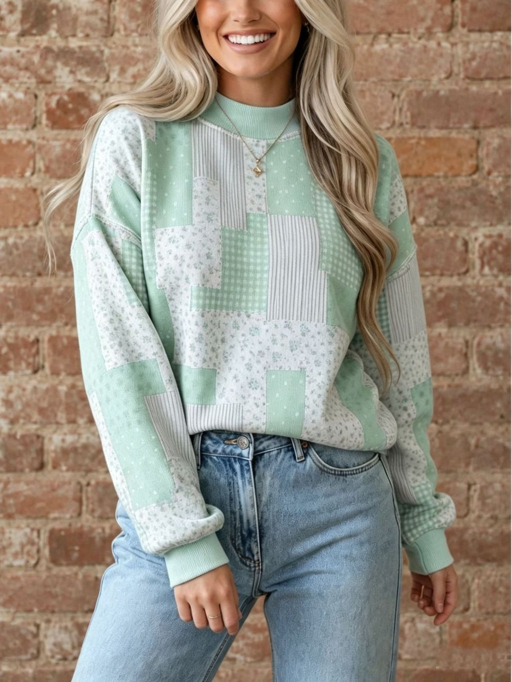 Floral Gingham Patchwork Mock Neck Relaxed Sweatshirt - Green