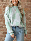 Floral Gingham Patchwork Mock Neck Relaxed Sweatshirt - Green