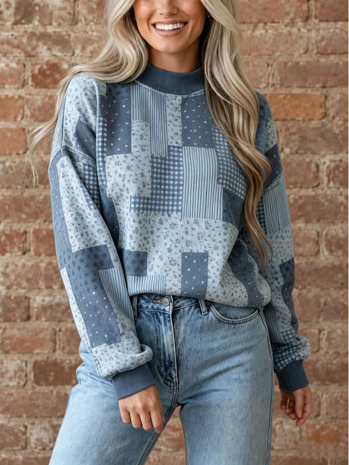 Floral Gingham Patchwork Mock Neck Relaxed Sweatshirt - Grey