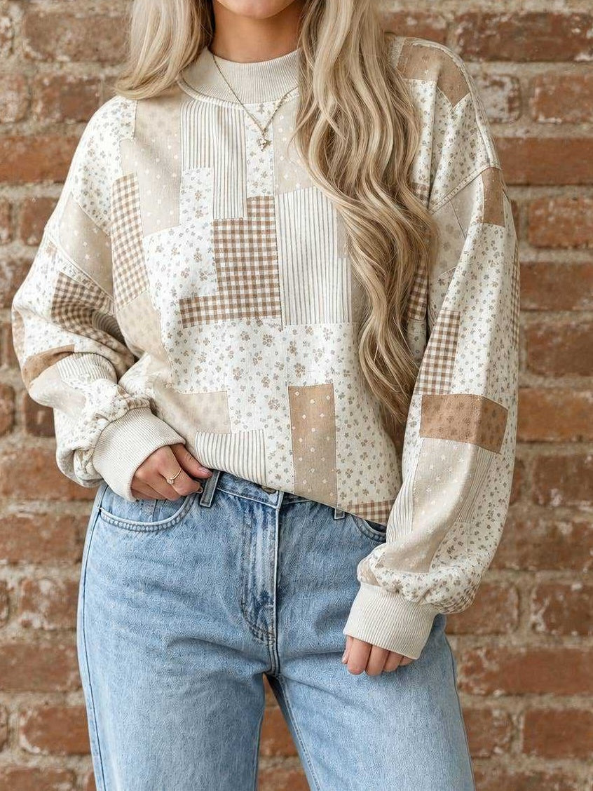 Floral Gingham Patchwork Mock Neck Relaxed Sweatshirt - Khaki