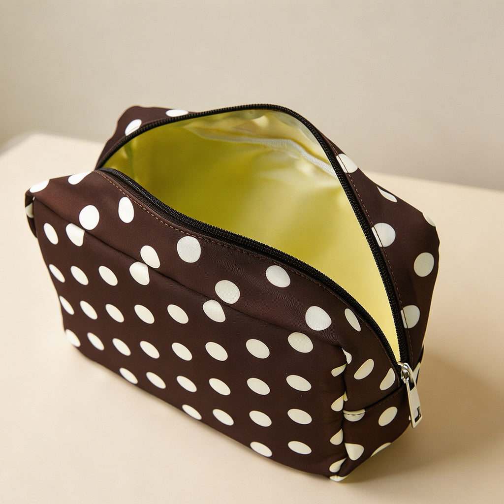 Retro Polka Dot Zip Travel Pouch - Brown - 1