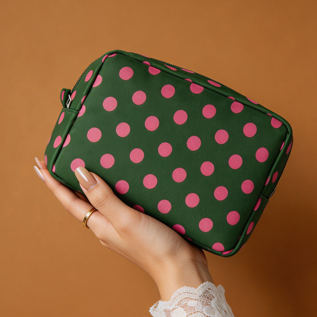 Retro Polka Dot Zip Travel Pouch - DGreen - 1