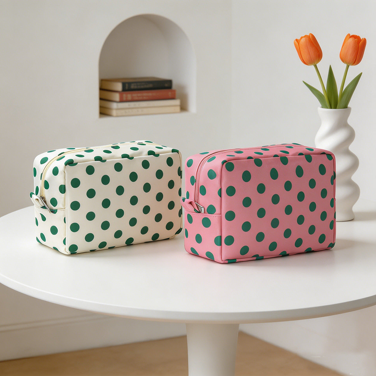 Retro Polka Dot Zip Travel Pouch - Orange - 2