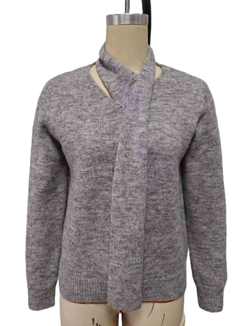 Attached Scarf V-Neck Knit Sweater - Grey - 1