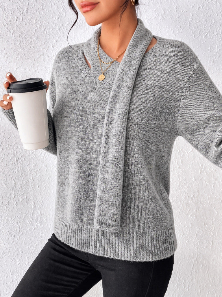 Attached Scarf V-Neck Knit Sweater - Grey - 3