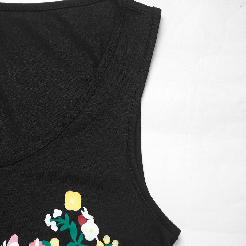 Placed Floral Print Sleeveless Midi Dress - Black - 3