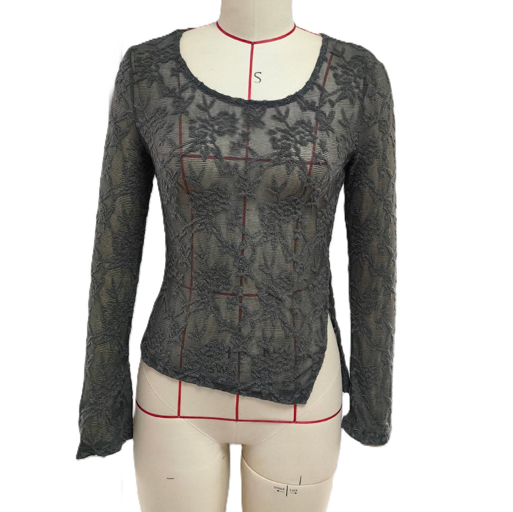 Sheer Lace Long Sleeve Scoop Neck Top - Grey