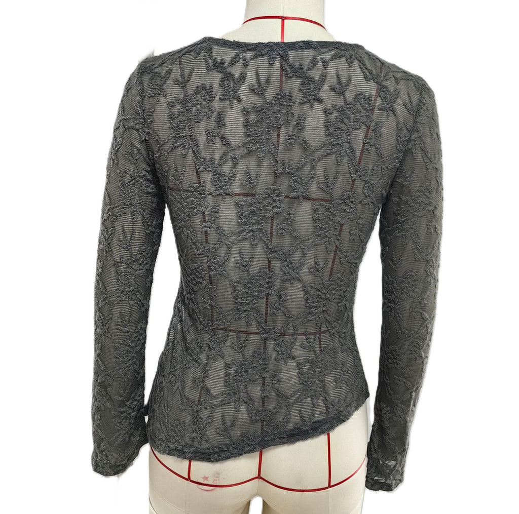 Sheer Lace Long Sleeve Scoop Neck Top - Grey - 1