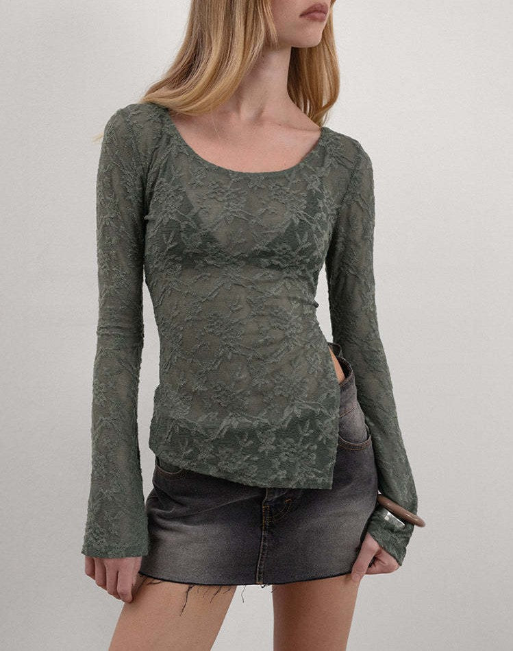 Sheer Lace Long Sleeve Scoop Neck Top - Grey - 2