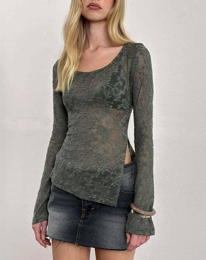 Sheer Lace Long Sleeve Scoop Neck Top