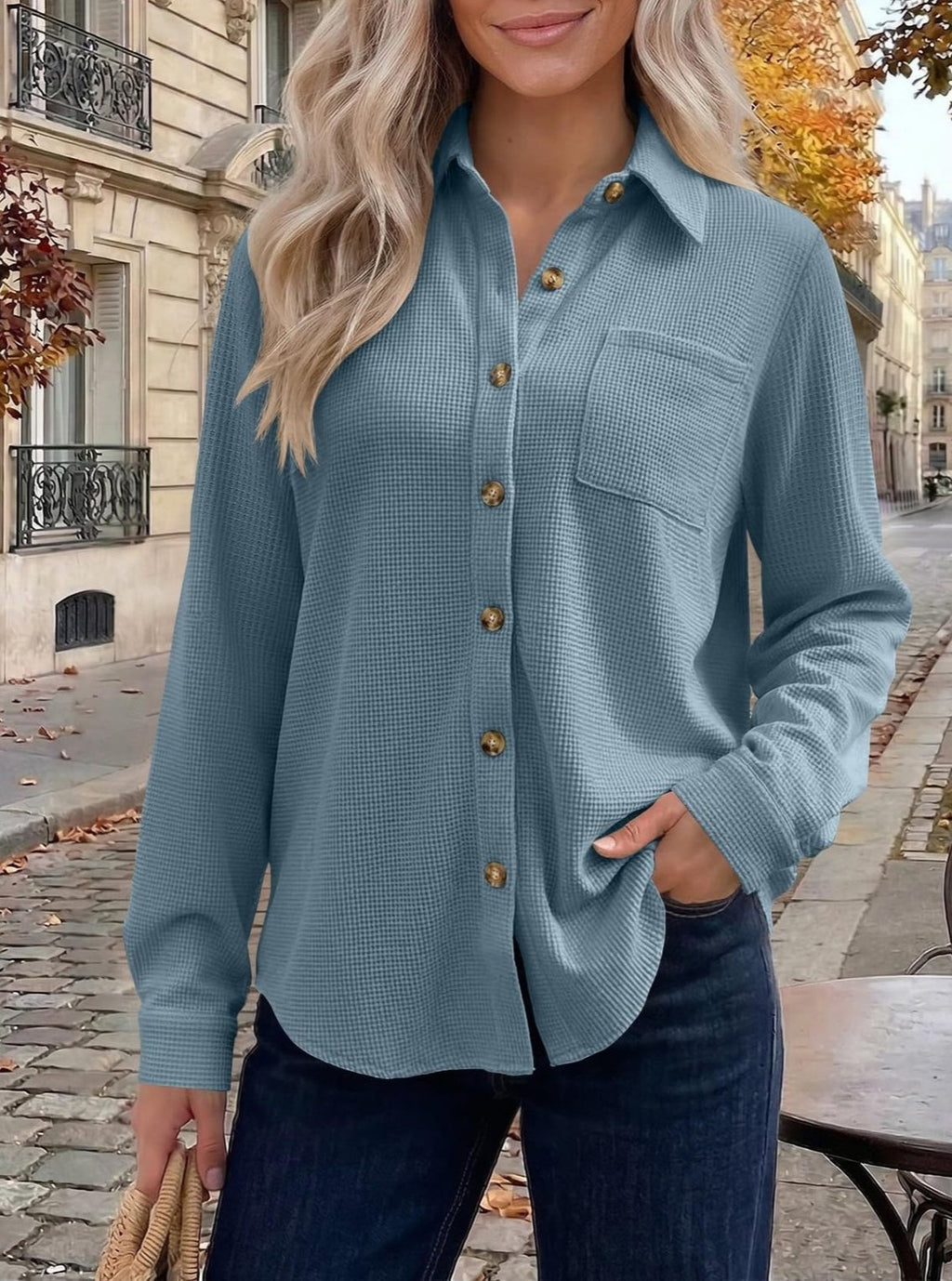 Waffle Knit Button Down Shirt With Pocket - Blue