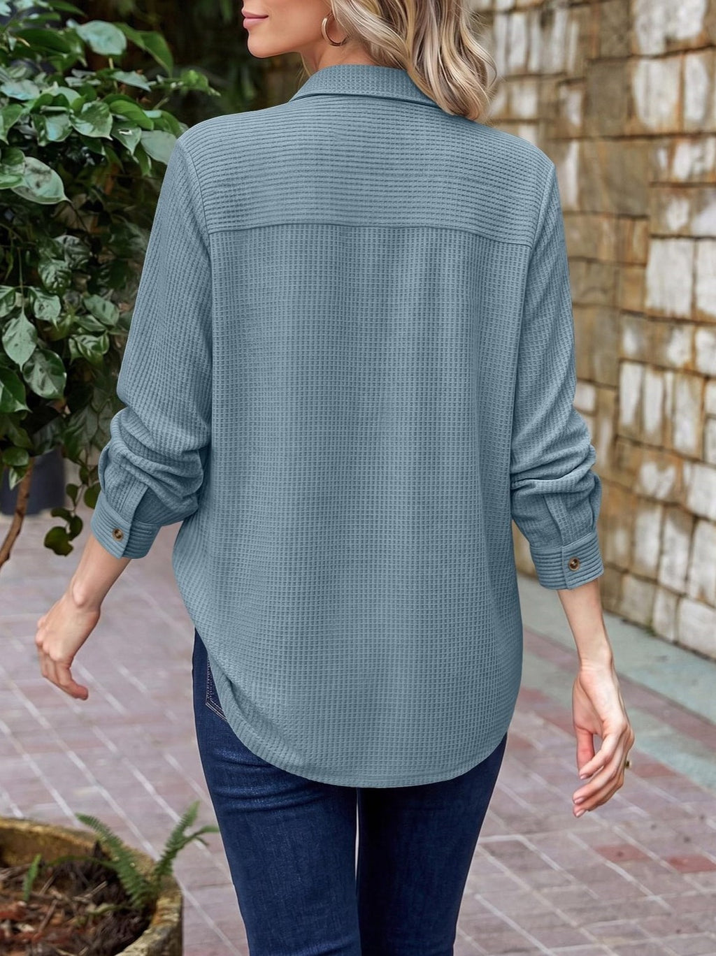 Waffle Knit Button Down Shirt With Pocket - Blue - 2