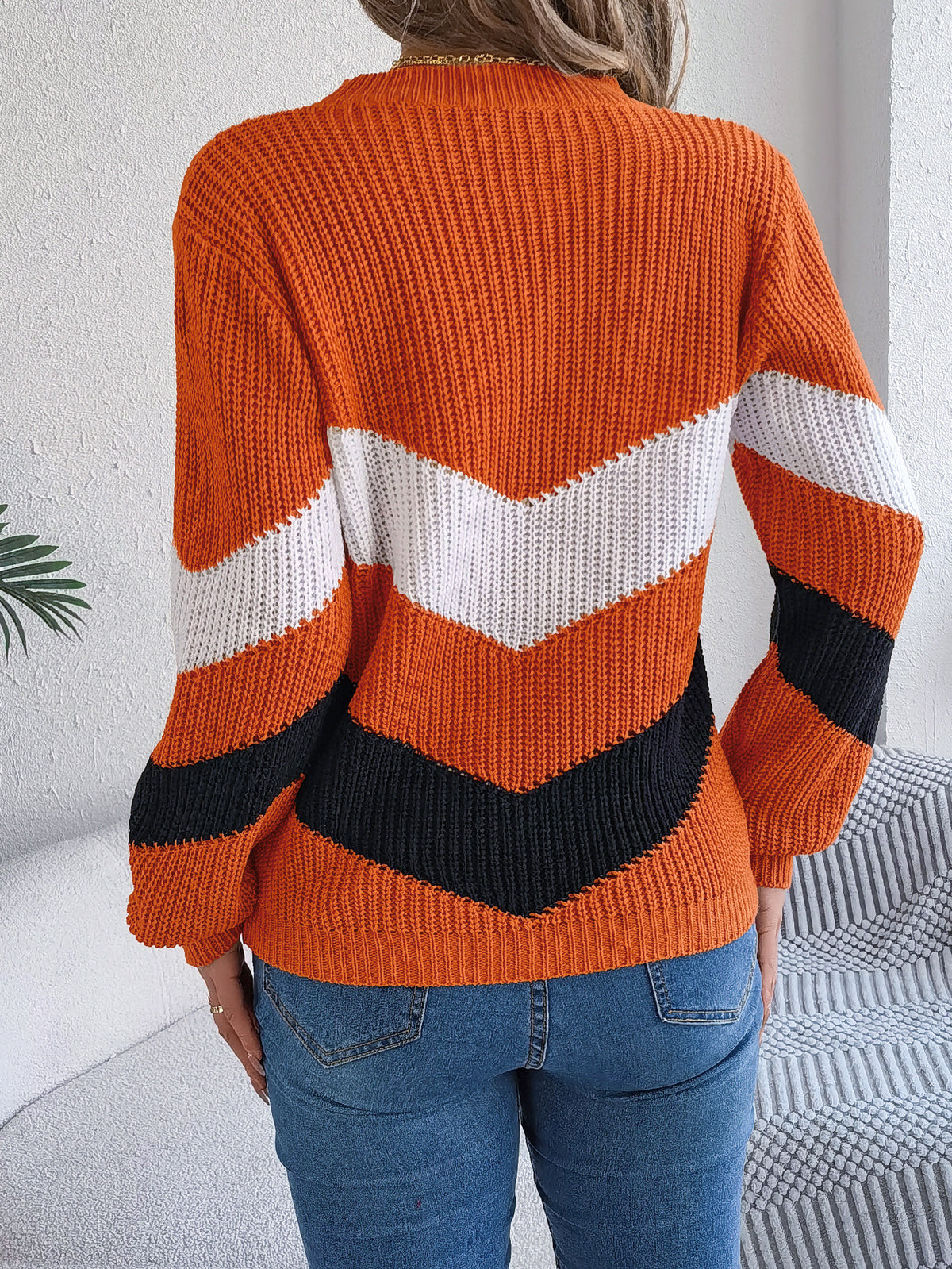 Chevron Colorblock Ribbed Knit Sweater - Orange