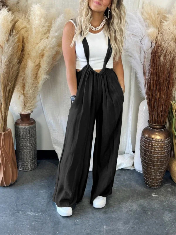 Crossover Suspender Wide Leg Jumpsuit - Black