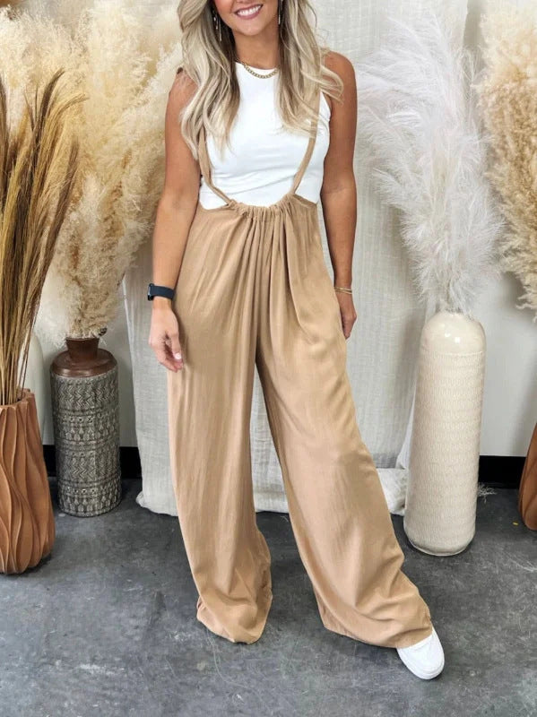 Crossover Suspender Wide Leg Jumpsuit - Khaki