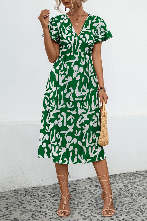 Abstract Brushstroke Print Flutter Sleeve Midi Dress - Green