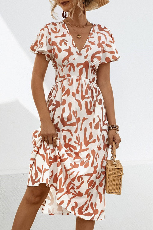 Abstract Brushstroke Print Flutter Sleeve Midi Dress - Orange