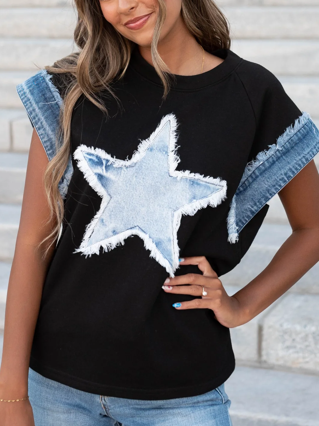 Denim Star Patch Cap Sleeve Tee - Black