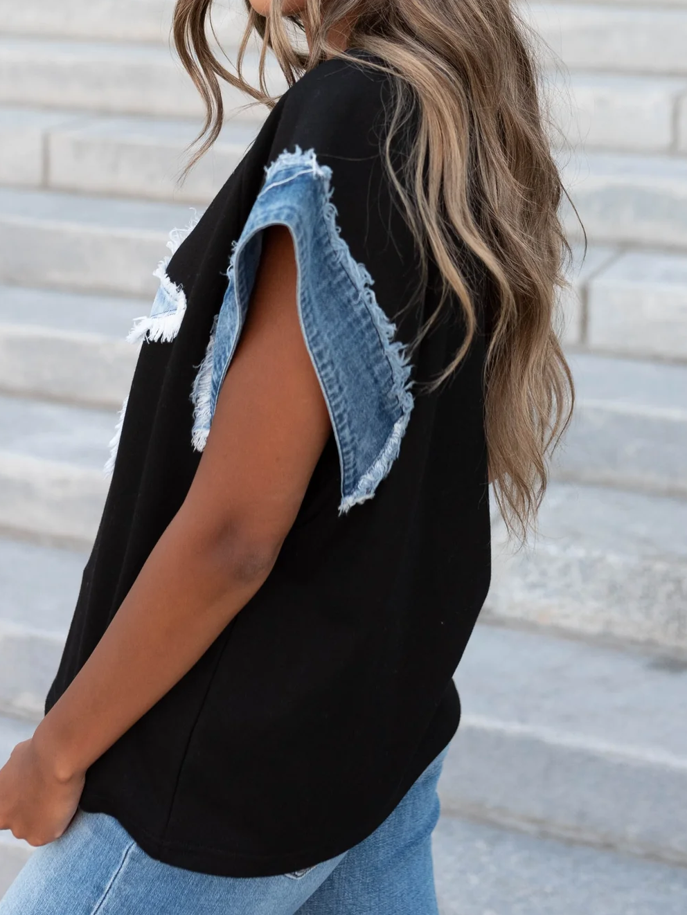 Denim Star Patch Cap Sleeve Tee - Black - 1