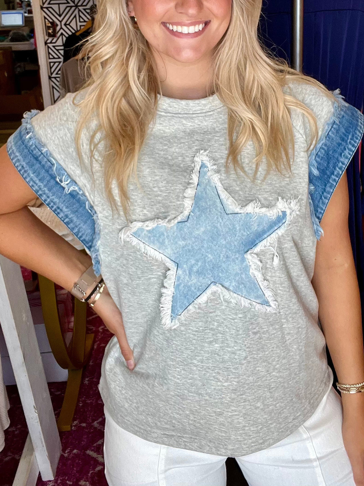 Denim Star Patch Cap Sleeve Tee - Grey