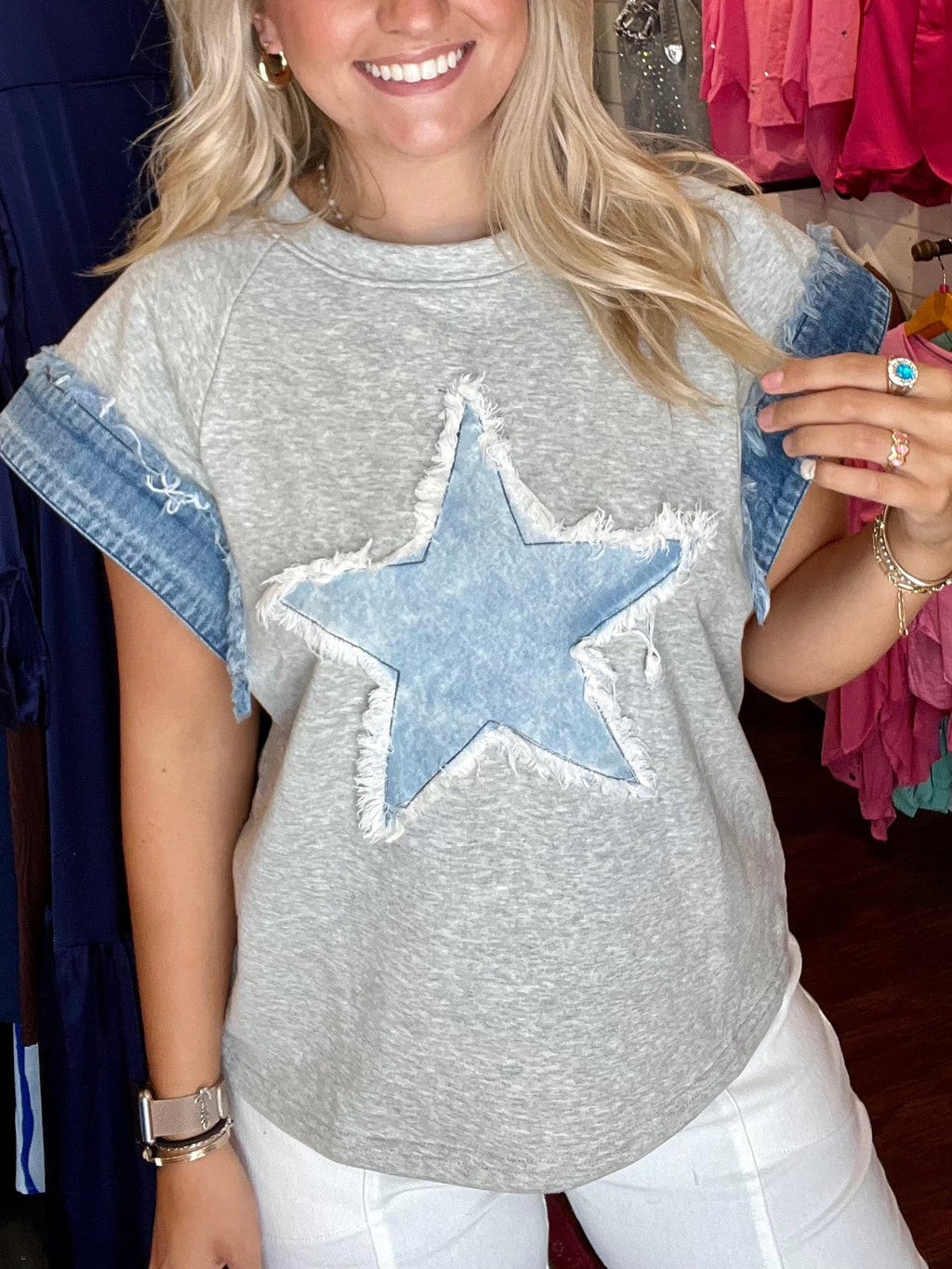 Denim Star Patch Cap Sleeve Tee - Grey - 1