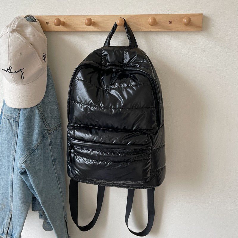Glossy Quilted Puffer Backpack - Black