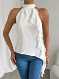 Halter Neck Asymmetric Ruffle Sleeveless Top - White