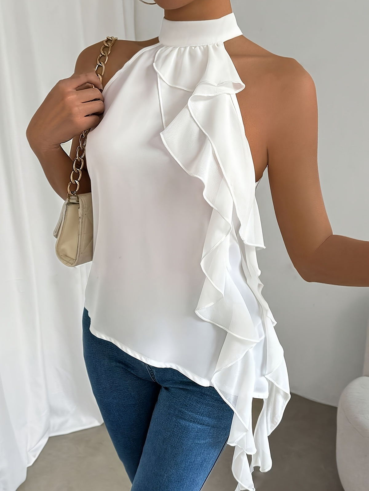 Halter Neck Asymmetric Ruffle Sleeveless Top - view 2