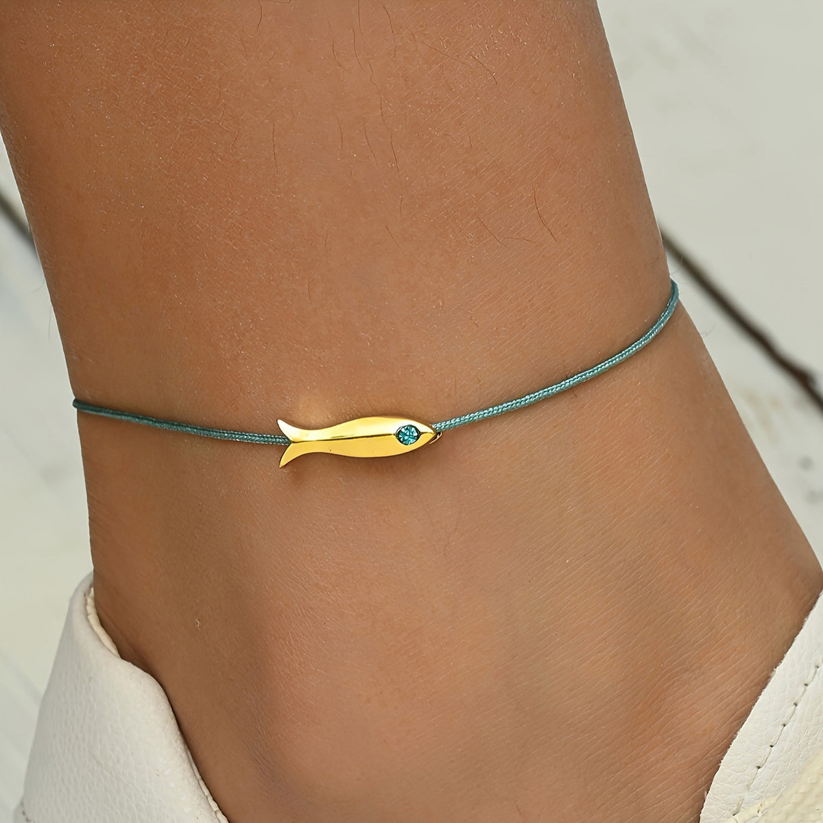 Dainty Gold Fish Charm Cord Anklet - Blue