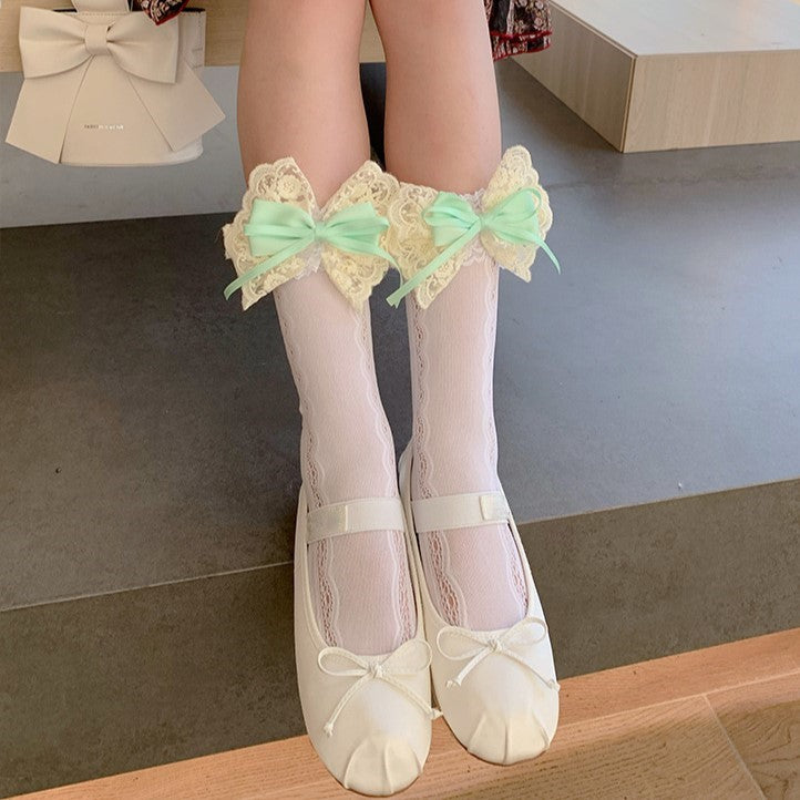 Coquette Sheer Ruffle Cuff Bow Socks - Green