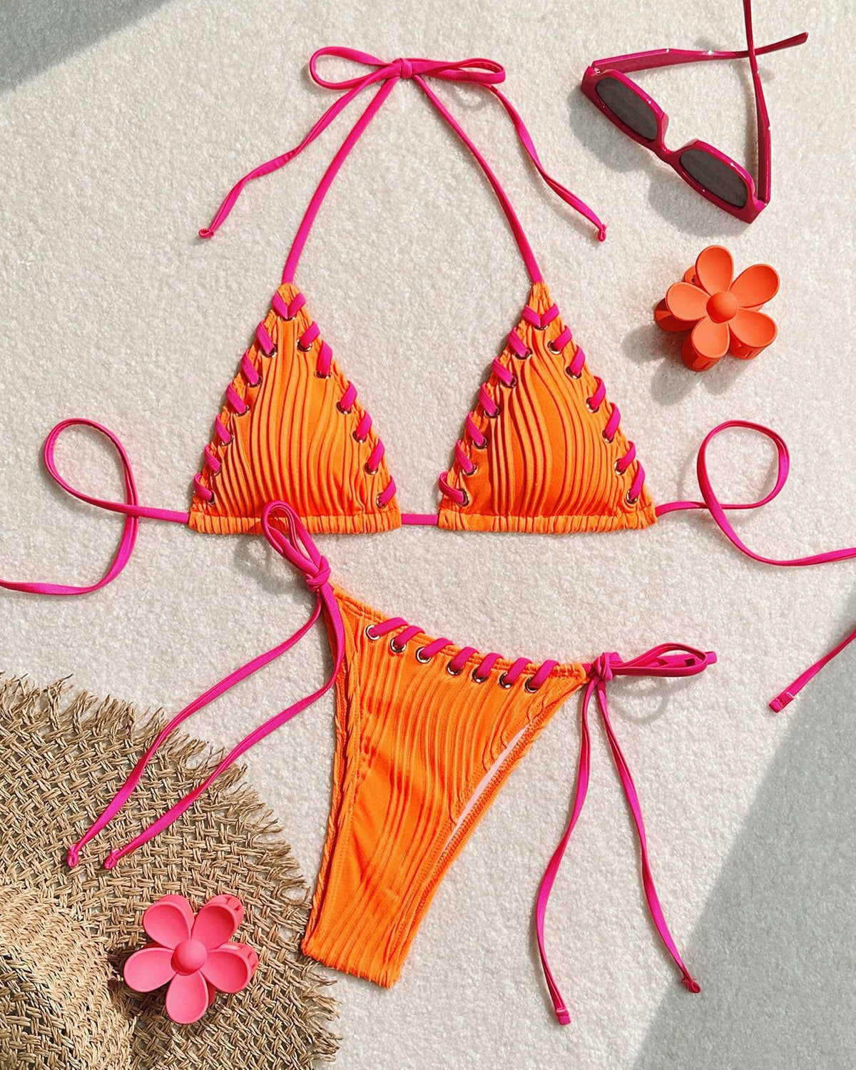 Contrast Whipstitch Ribbed Triangle Bikini Set - Orange