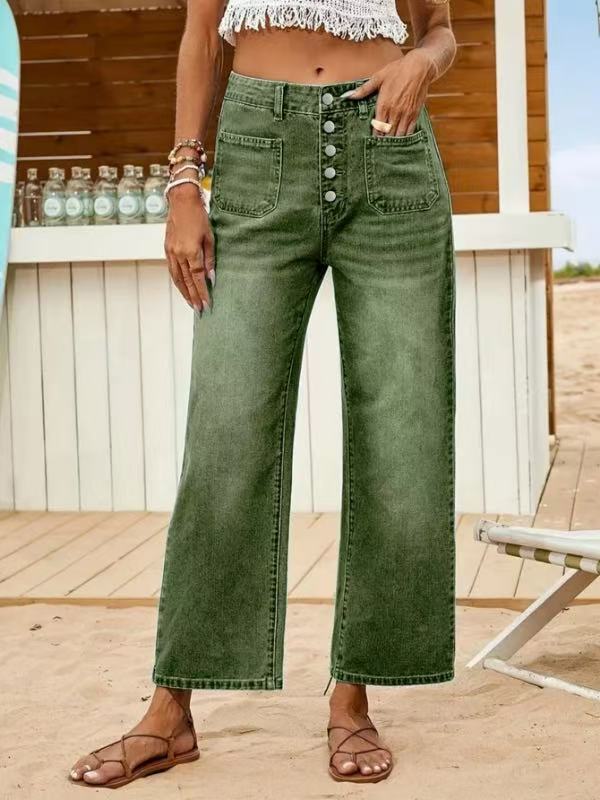 Cropped Wide Leg Patch Pocket Jeans - Green
