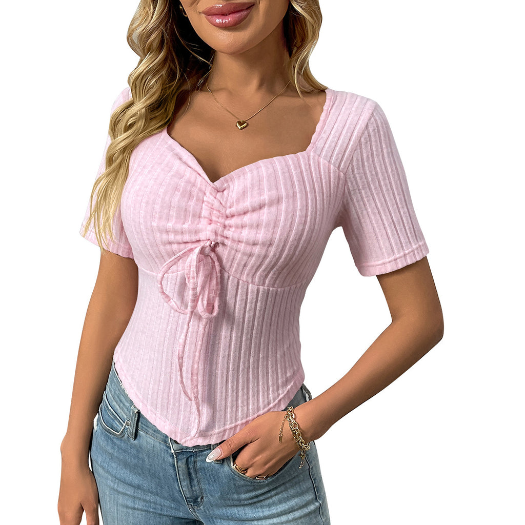 Ribbed Sweetheart Neck Drawstring Front Tee - Pink
