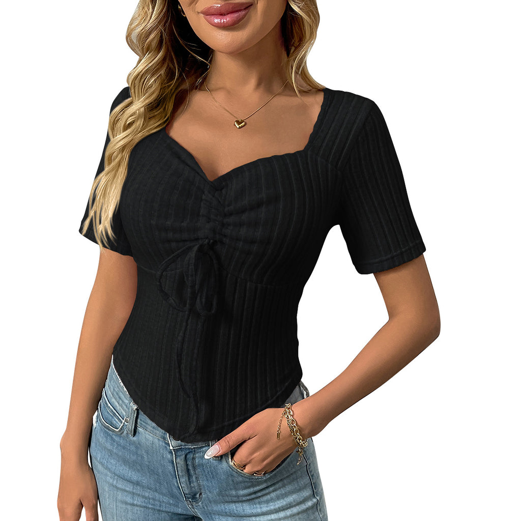 Ribbed Sweetheart Neck Drawstring Front Tee - black