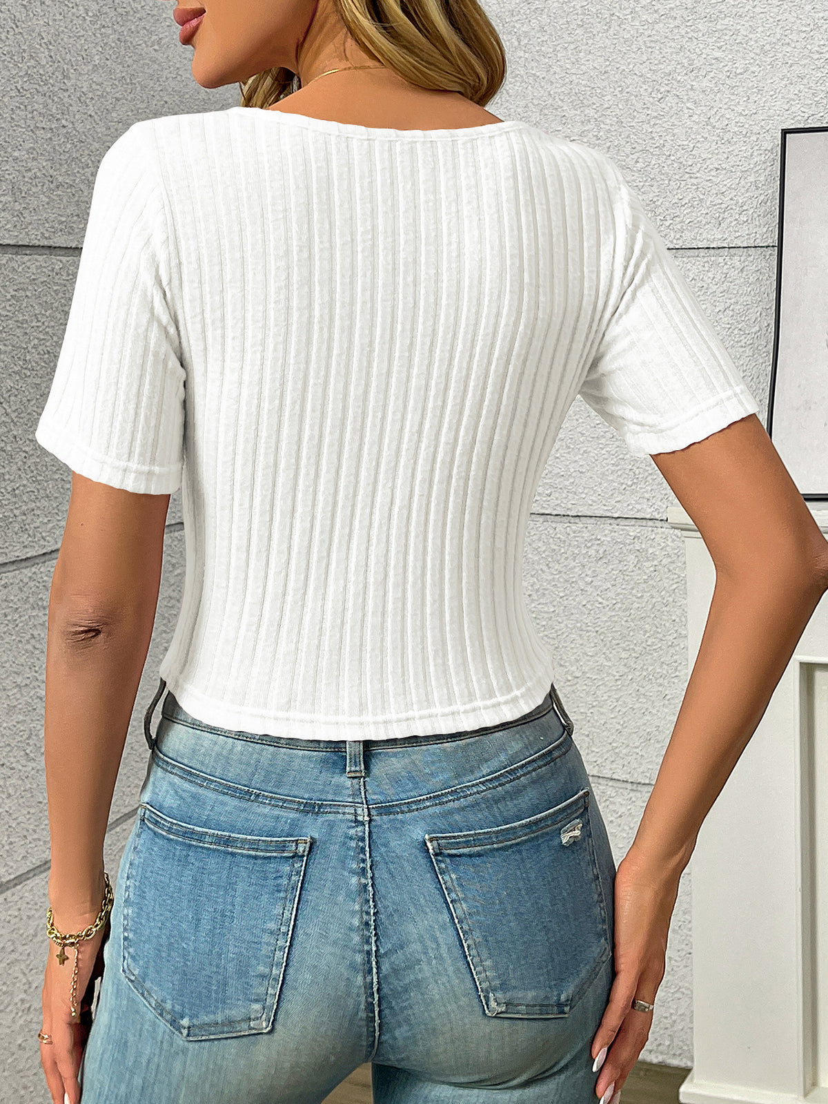 Ribbed Sweetheart Neck Drawstring Front Tee - view 2