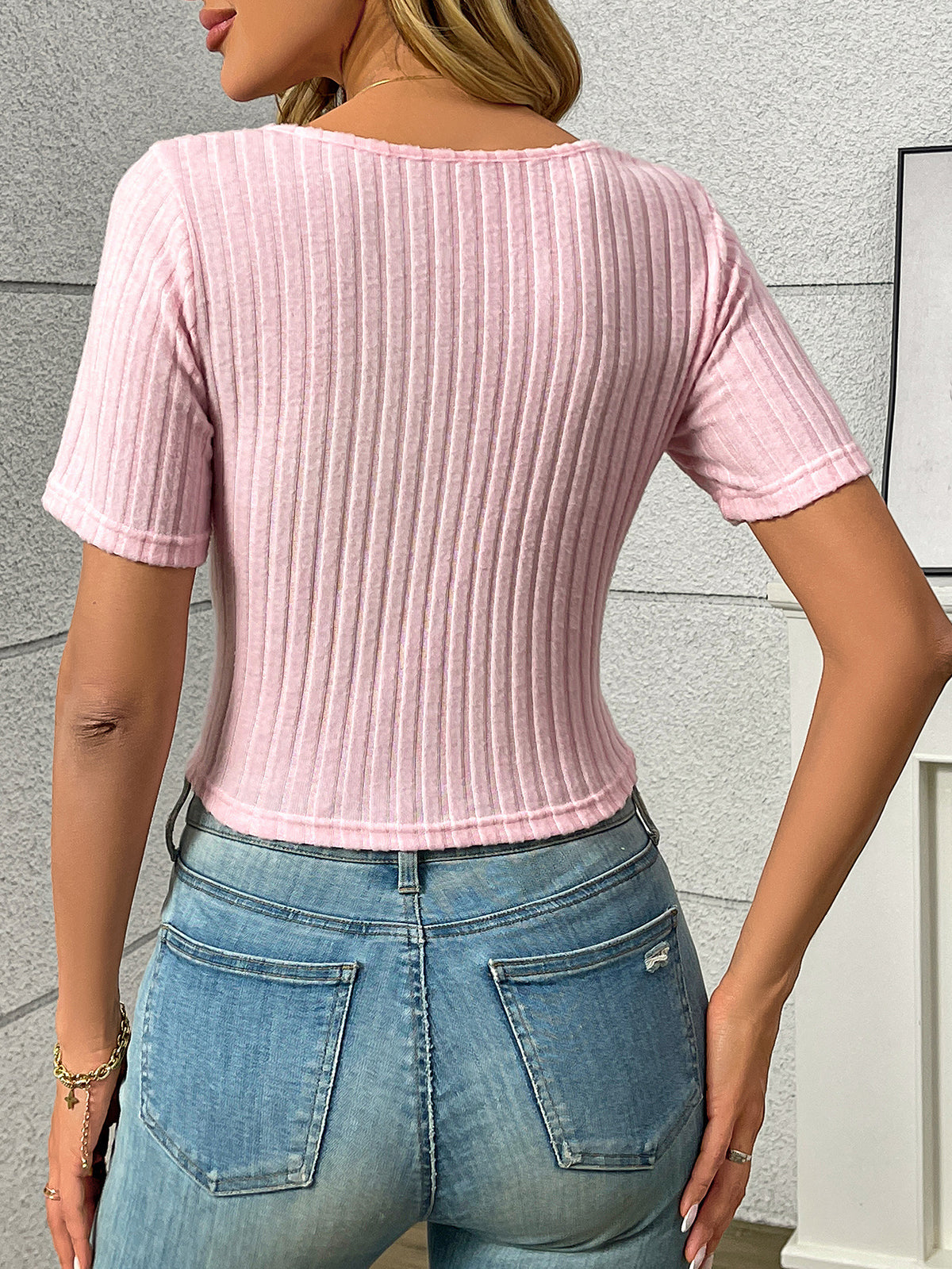Ribbed Sweetheart Neck Drawstring Front Tee - view 3