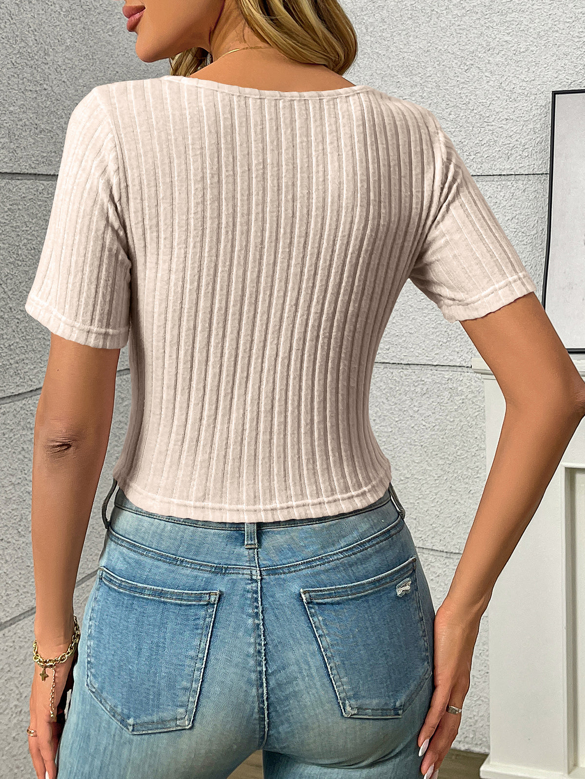 Ribbed Sweetheart Neck Drawstring Front Tee - view 7