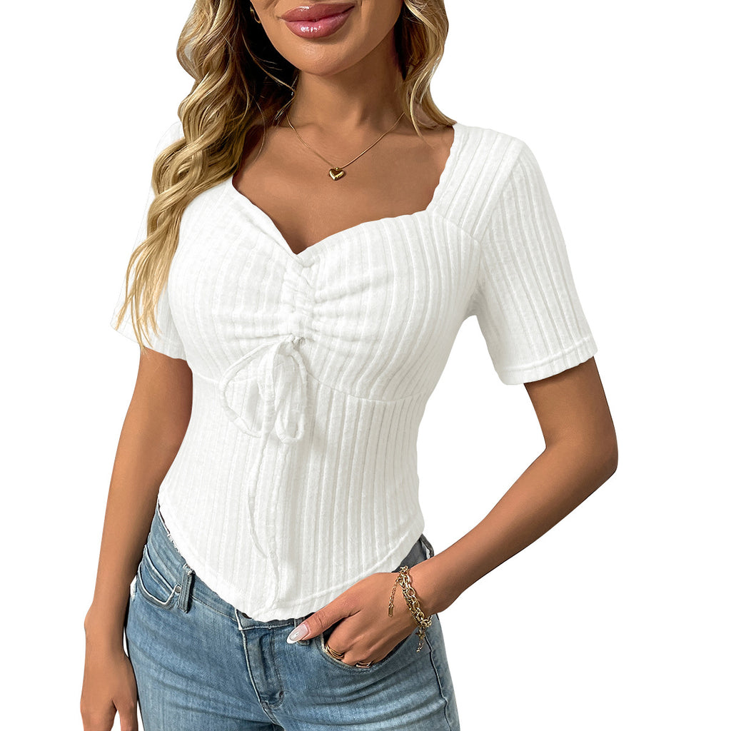 Ribbed Sweetheart Neck Drawstring Front Tee - white