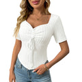 Ribbed Sweetheart Neck Drawstring Front Tee - white