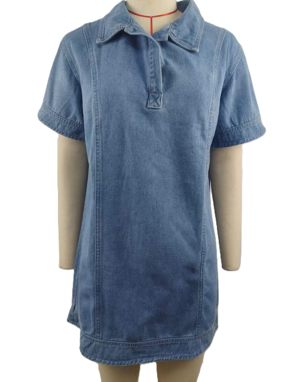 Collared Denim Mini Dress With Short Sleeves - Blue