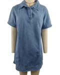 Collared Denim Mini Dress With Short Sleeves - Blue
