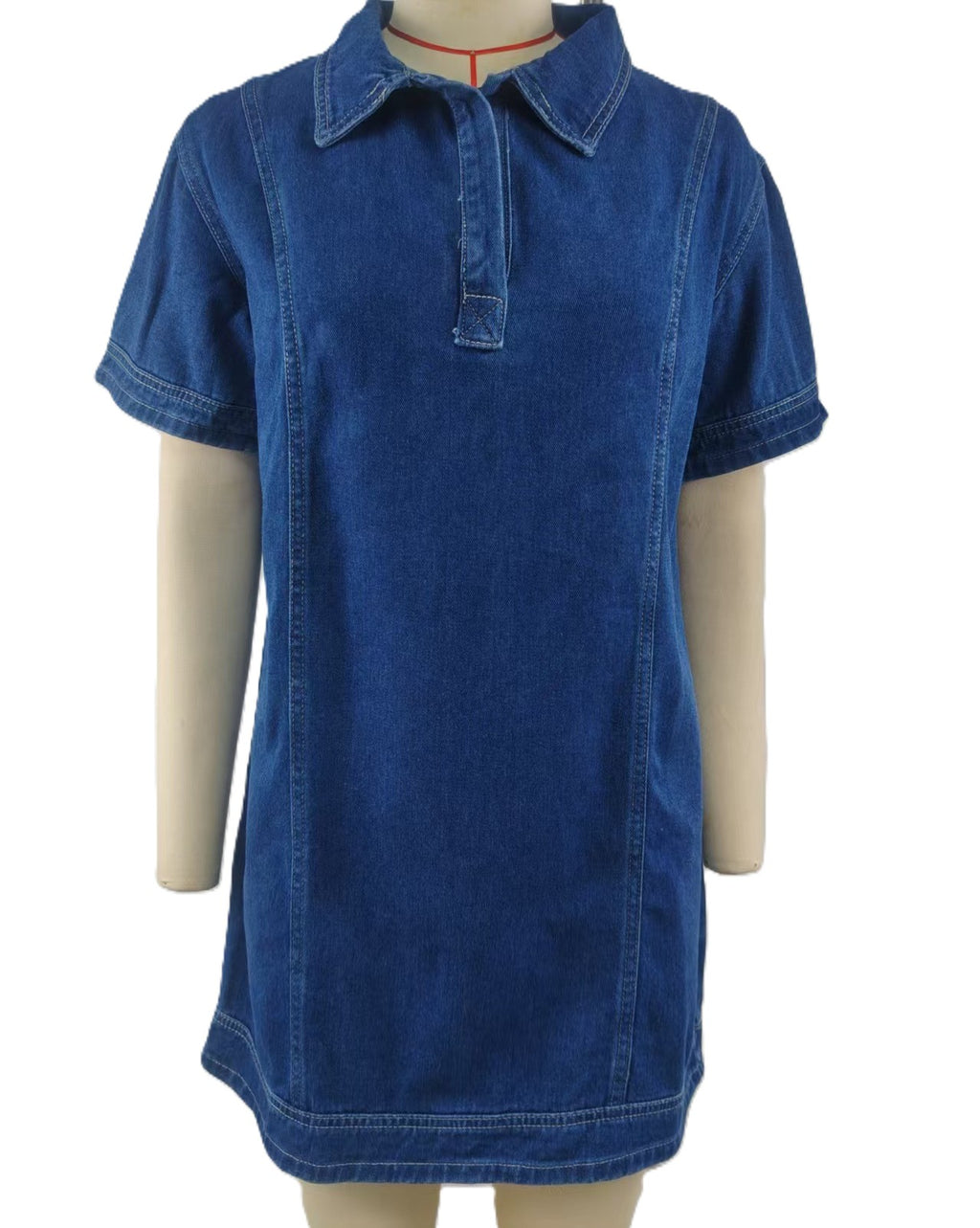Collared Denim Mini Dress With Short Sleeves - DarkBlue - 1