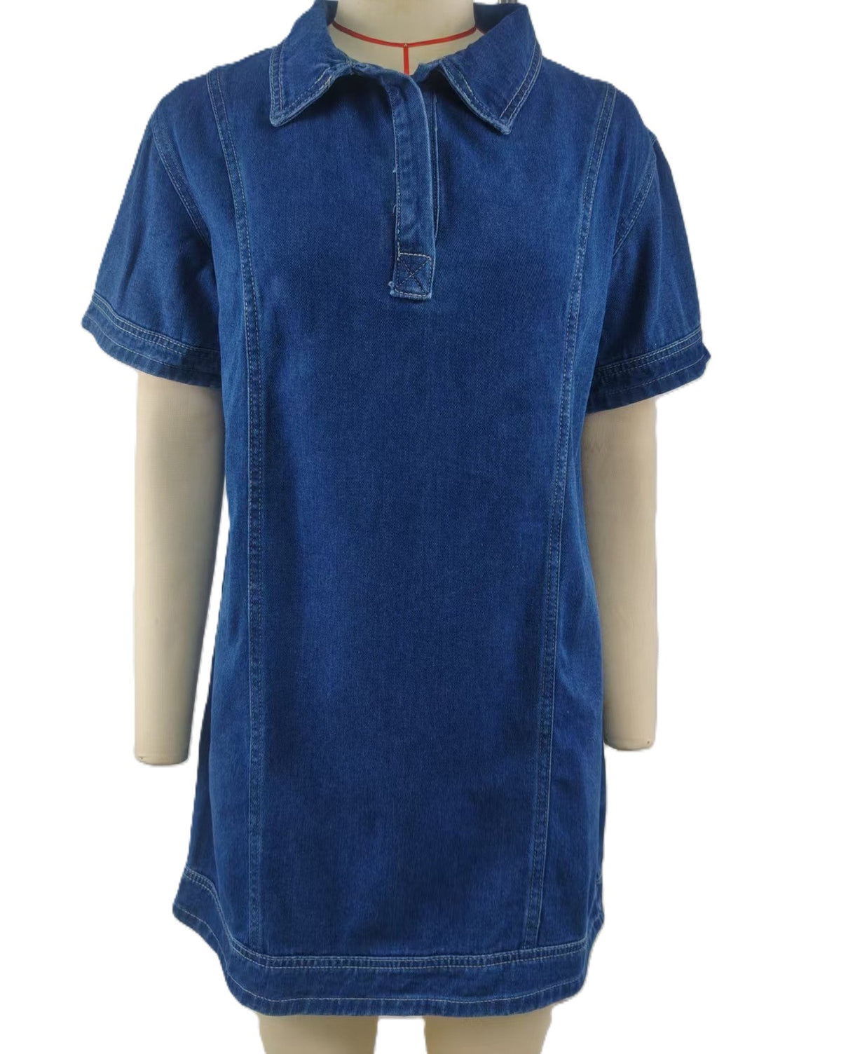 Collared Denim Mini Dress With Short Sleeves - DarkBlue - 1